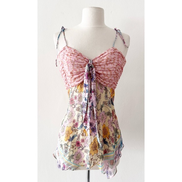 Hale Bob Tops - Hale Bob Floral Tie Front Tie Straps Babydoll Cami Blouse Top Size XL